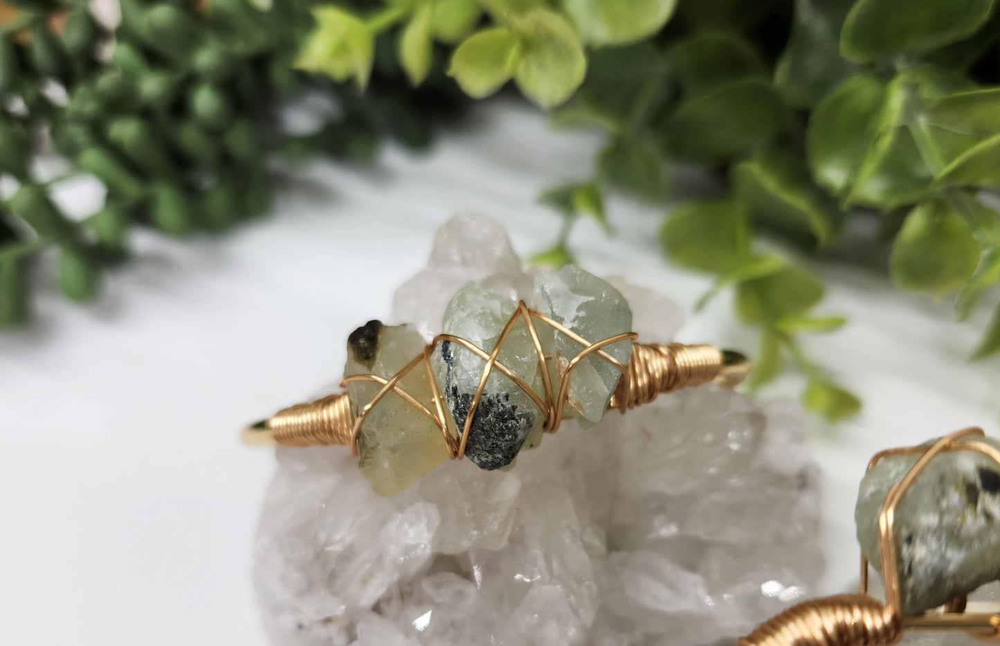 Prehnite 3 Rough Gemstones Wire Wrapped Bangle Bracelet