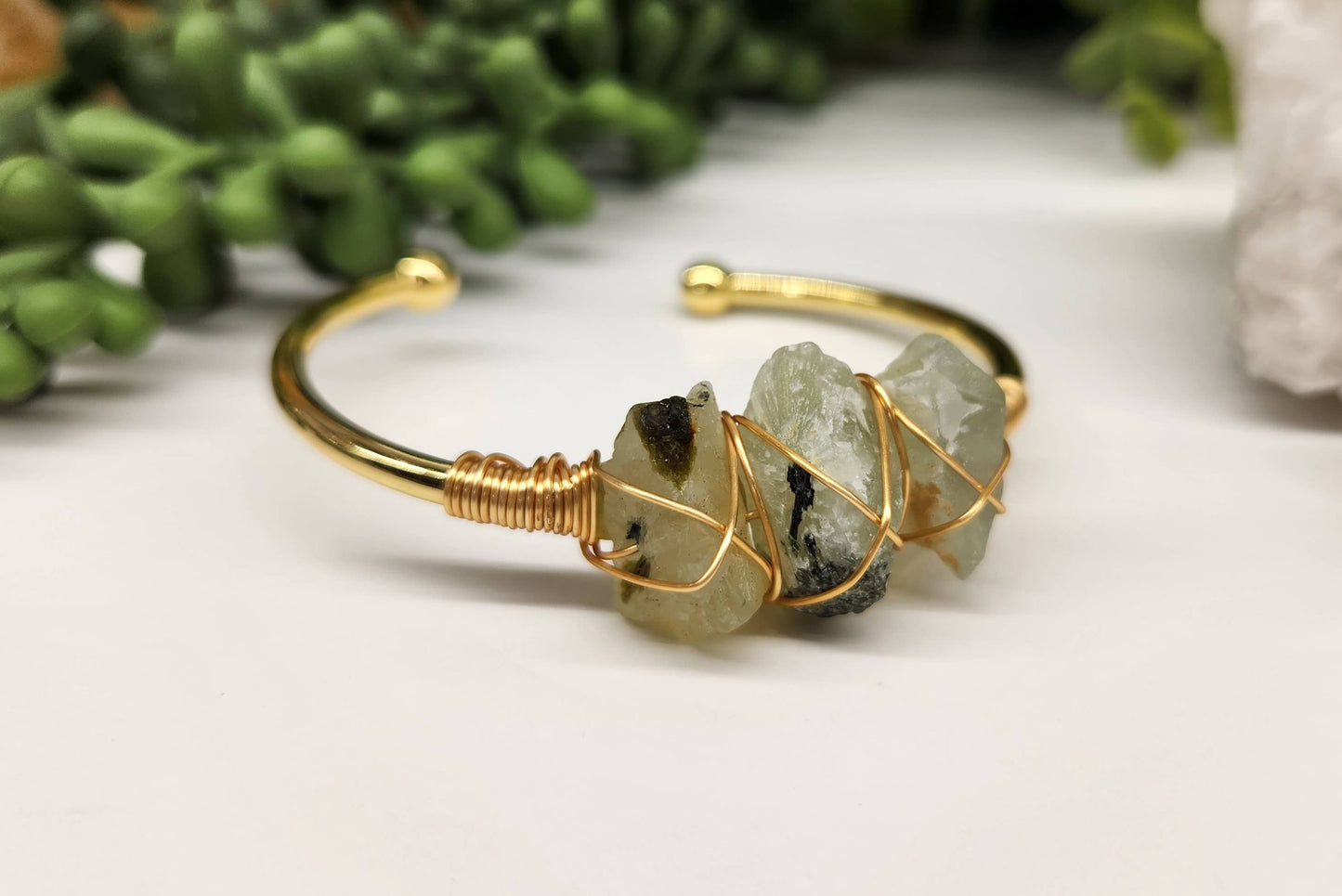 Prehnite 3 Rough Gemstones Wire Wrapped Bangle Bracelet