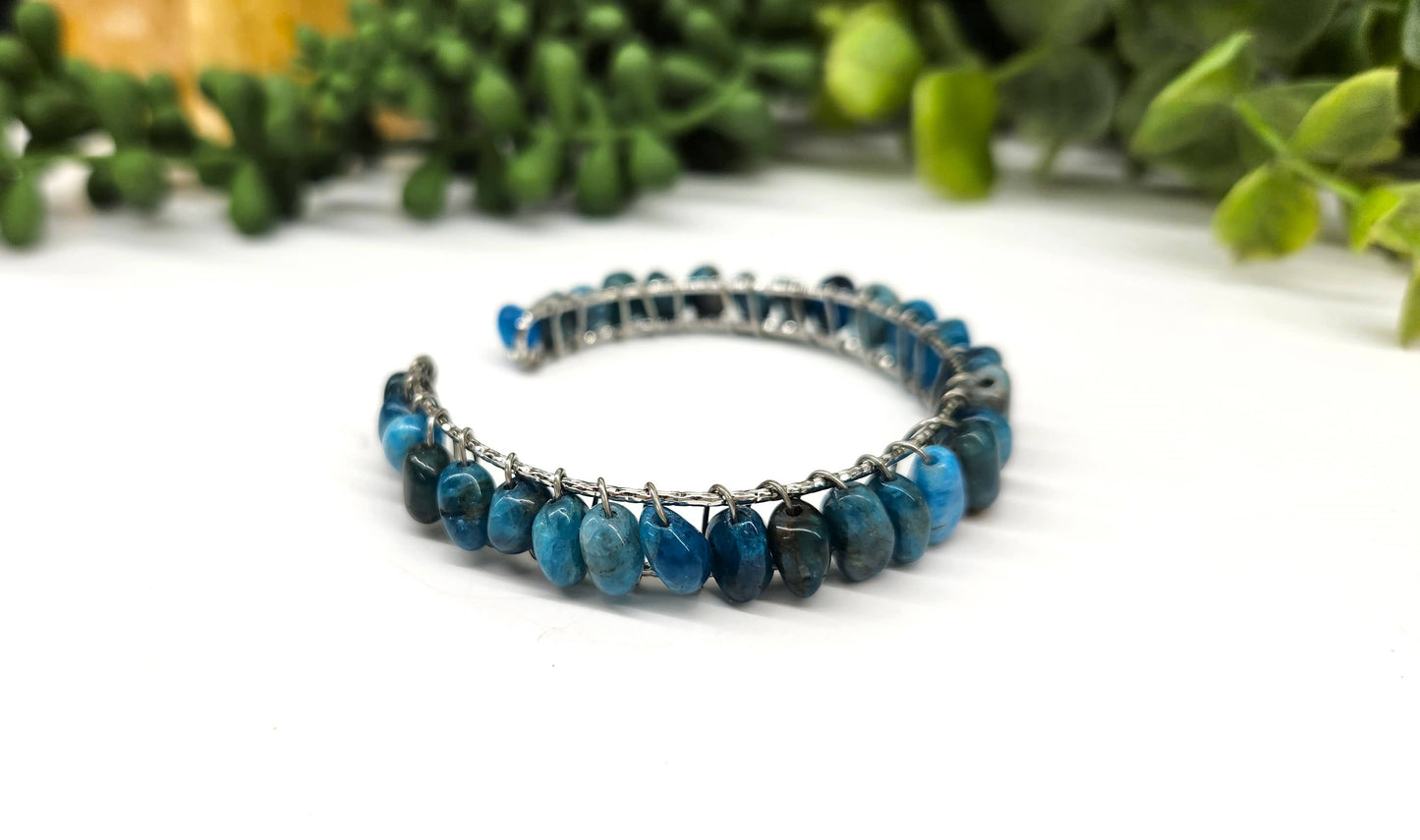 Blue Apatite Bangle/Cuff Wire Wrapped-18kt. Gold Overlay