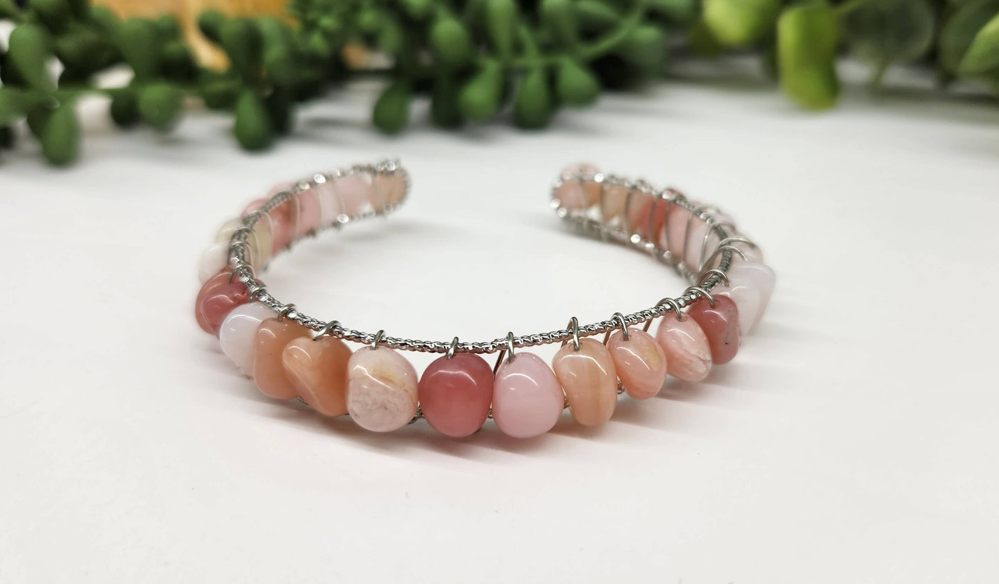 Pink Opal Bangle/Cuff/Wire Wrapped-18kt. Gold Overlay