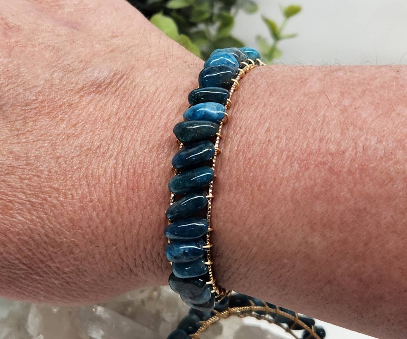 Blue Apatite Bangle/Cuff Wire Wrapped-18kt. Gold Overlay
