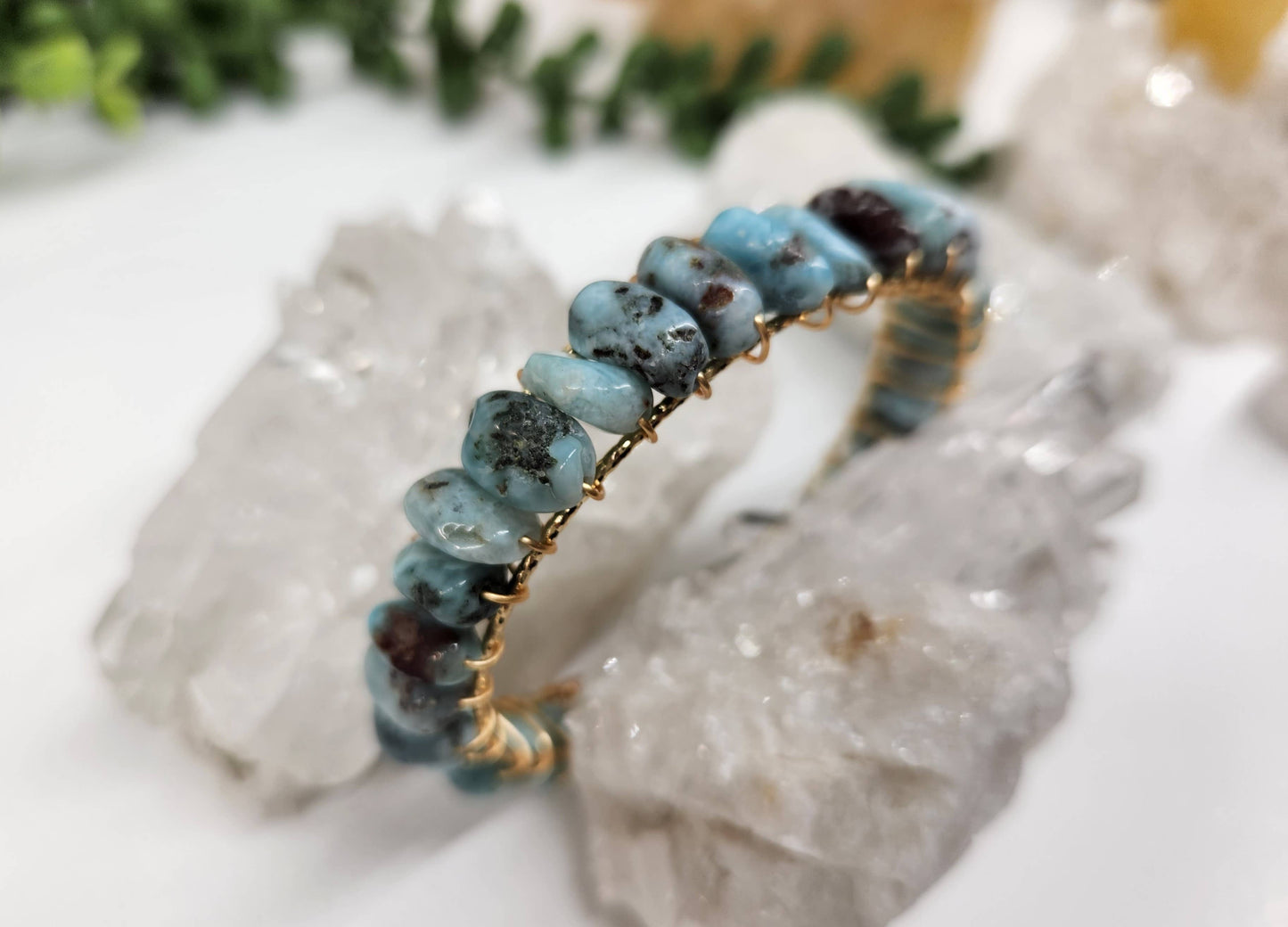 Larimar Bangle/Cuff/Wire Wrapped Bracelet -18kt.Gold Overlay