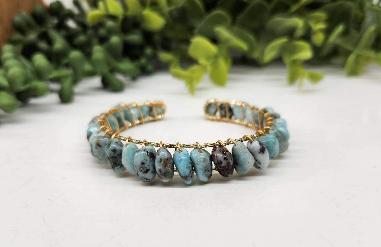Larimar Bangle/Cuff/Wire Wrapped Bracelet -18kt.Gold Overlay