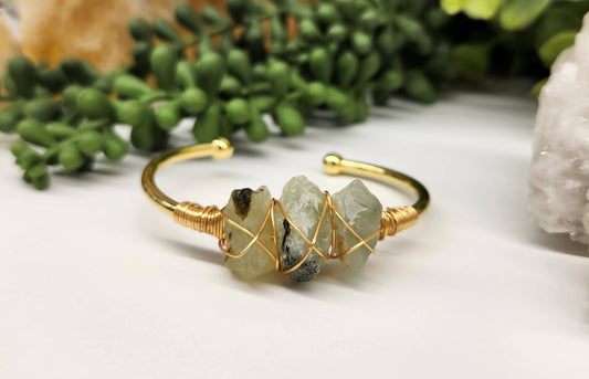 Prehnite 3 Rough Gemstones Wire Wrapped Bangle Bracelet