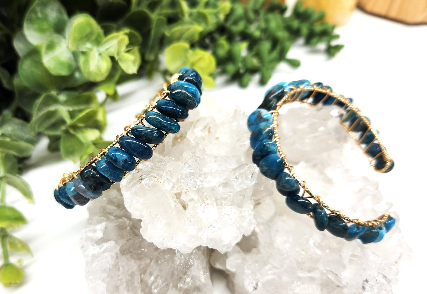 Blue Apatite Bangle/Cuff Wire Wrapped-18kt. Gold Overlay