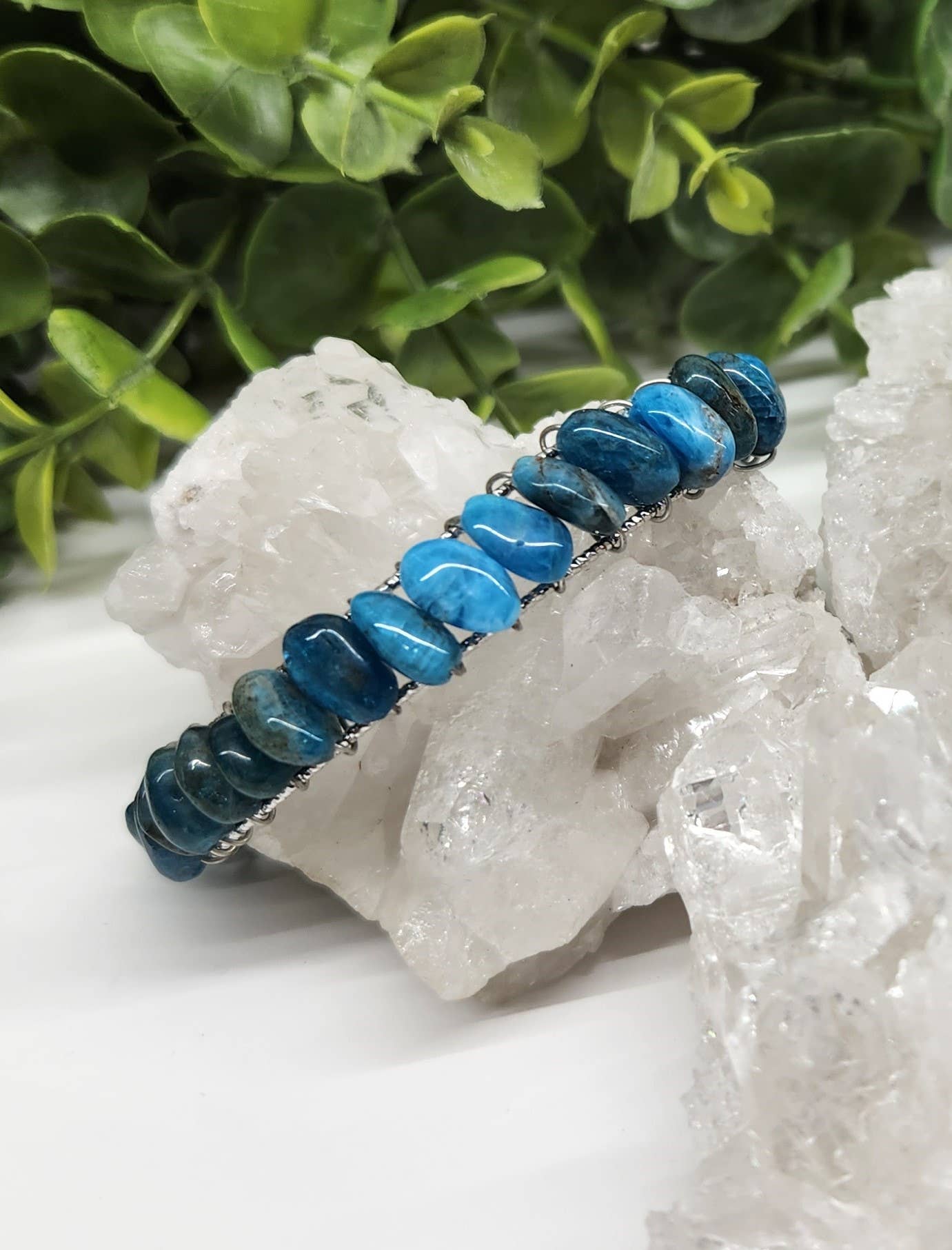 Blue Apatite Bangle/Cuff Wire Wrapped-18kt. Gold Overlay