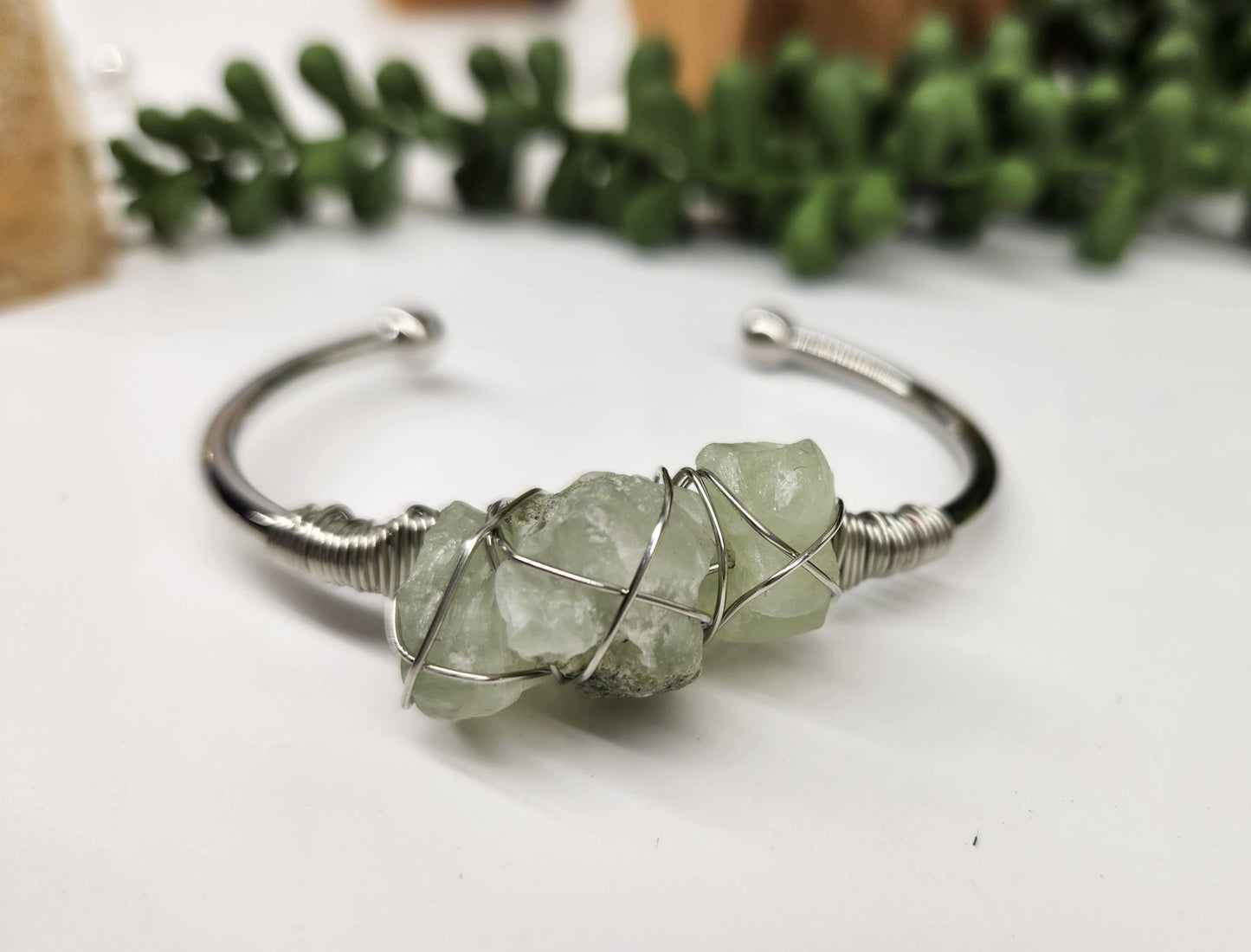 Prehnite 3 Rough Gemstones Wire Wrapped Bangle Bracelet