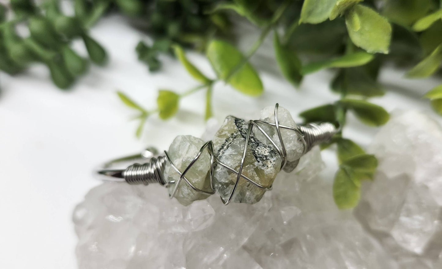 Prehnite 3 Rough Gemstones Wire Wrapped Bangle Bracelet