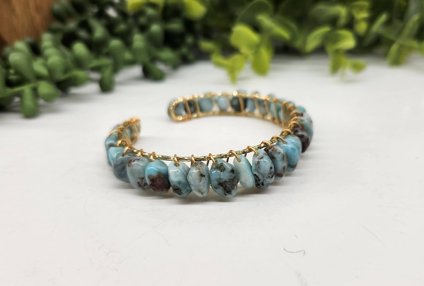 Larimar Bangle/Cuff/Wire Wrapped Bracelet -18kt.Gold Overlay