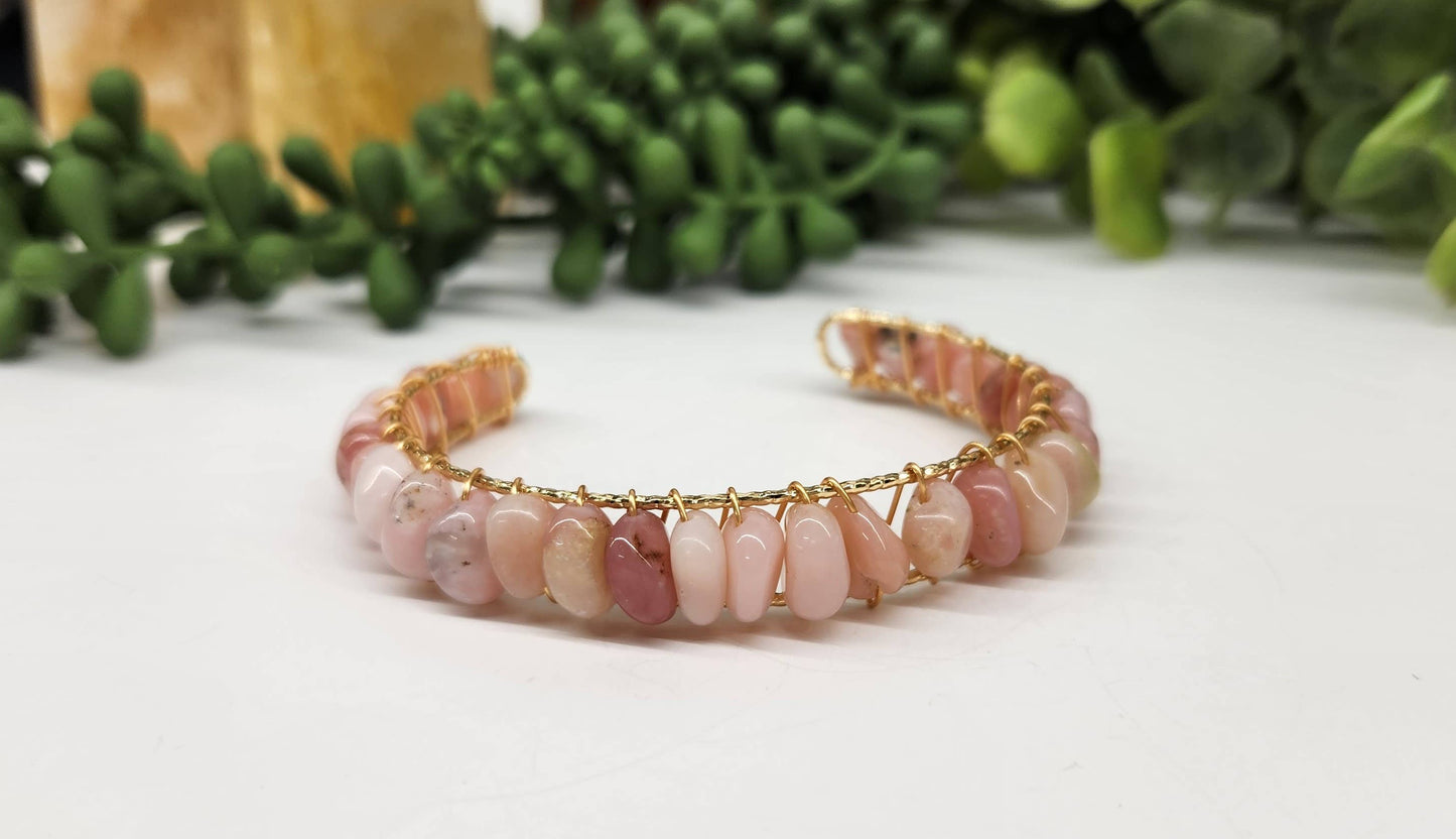 Pink Opal Bangle/Cuff/Wire Wrapped-18kt. Gold Overlay