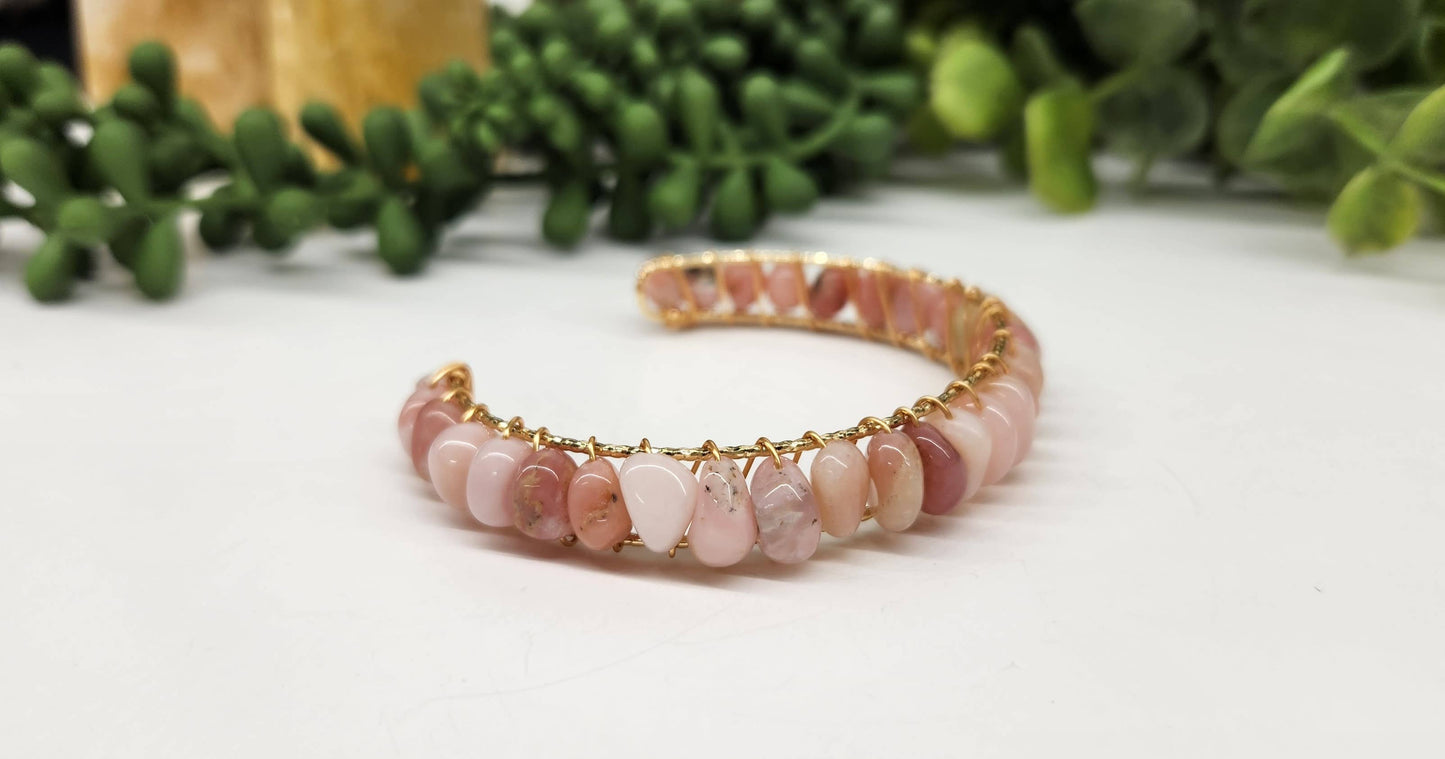 Pink Opal Bangle/Cuff/Wire Wrapped-18kt. Gold Overlay