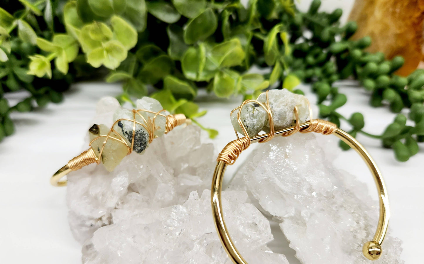 Prehnite 3 Rough Gemstones Wire Wrapped Bangle Bracelet