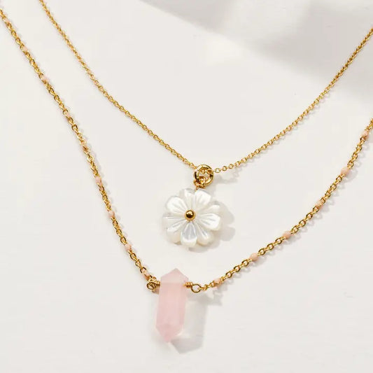 Blooming Crystal Layered Necklace Set- Rose Quartz