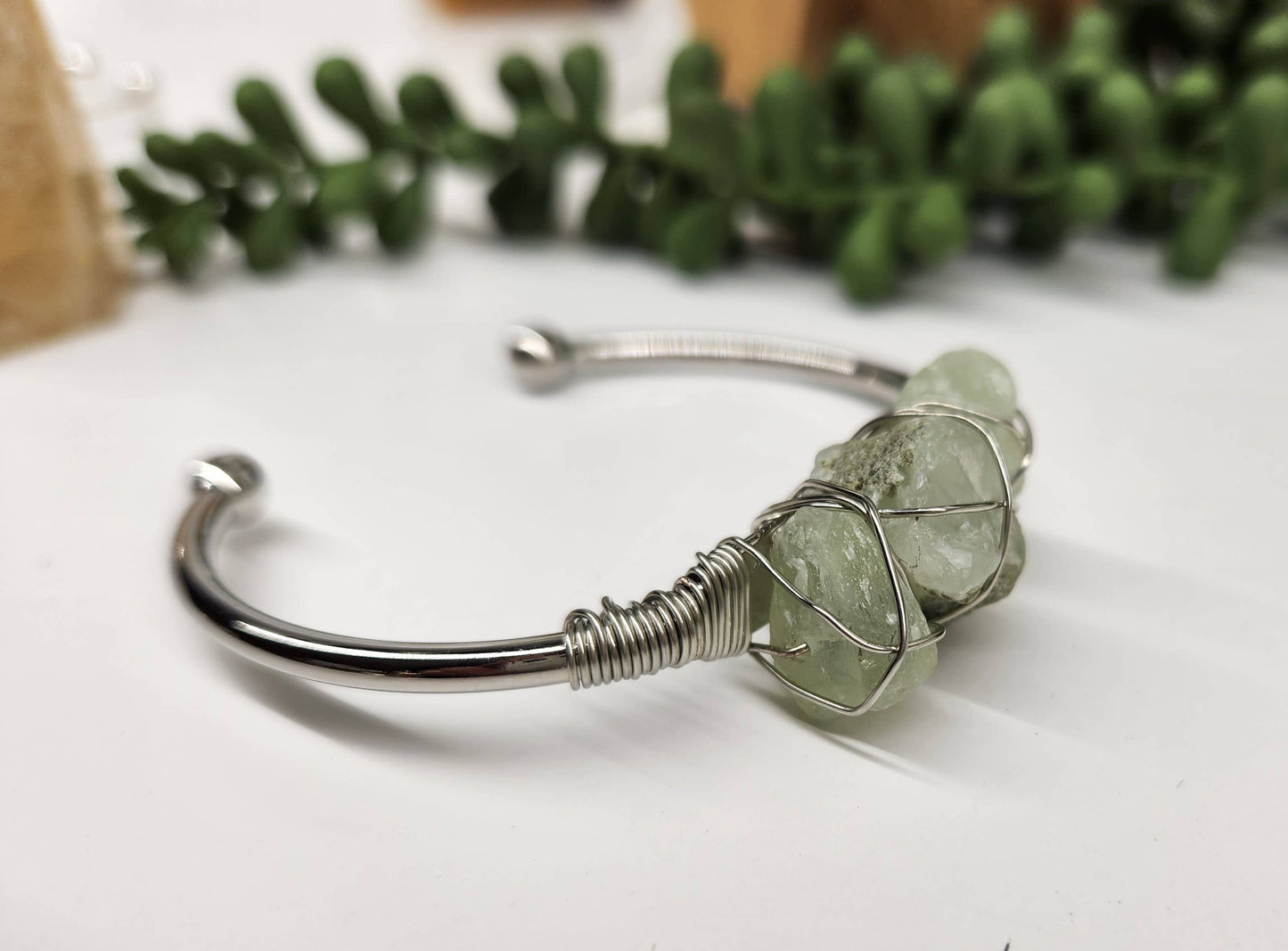 Prehnite 3 Rough Gemstones Wire Wrapped Bangle Bracelet