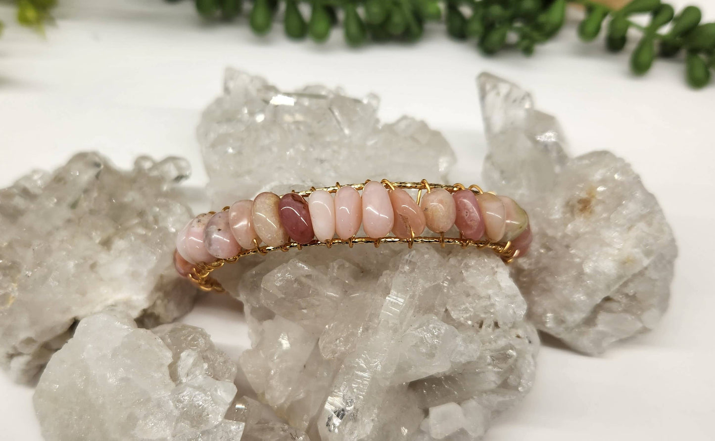 Pink Opal Bangle/Cuff/Wire Wrapped-18kt. Gold Overlay