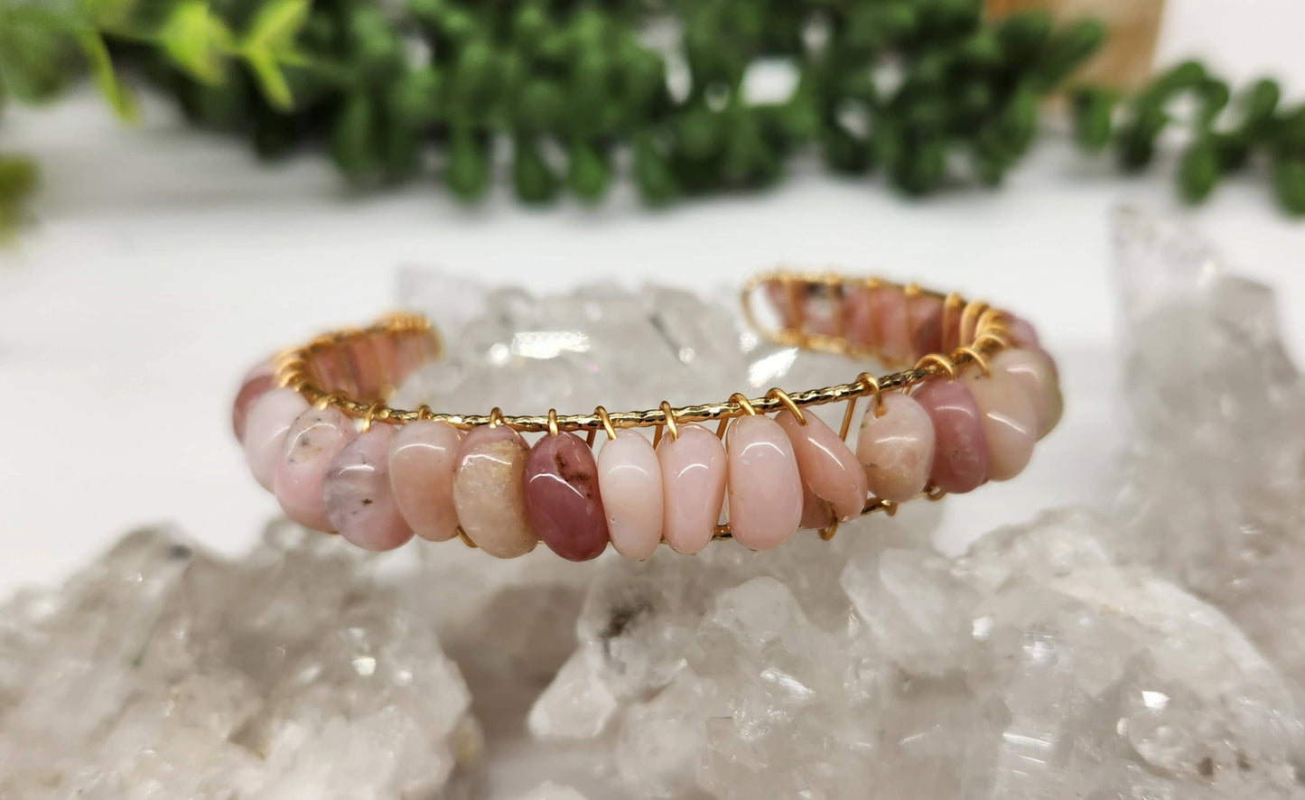 Pink Opal Bangle/Cuff/Wire Wrapped-18kt. Gold Overlay