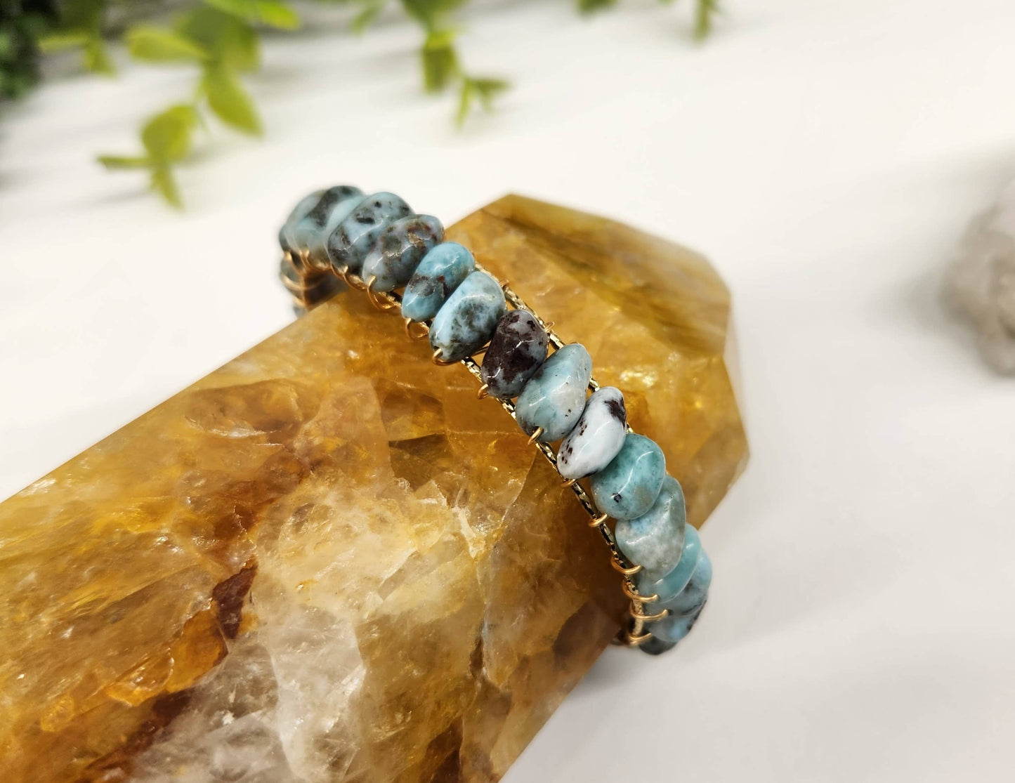 Larimar Bangle/Cuff/Wire Wrapped Bracelet -18kt.Gold Overlay