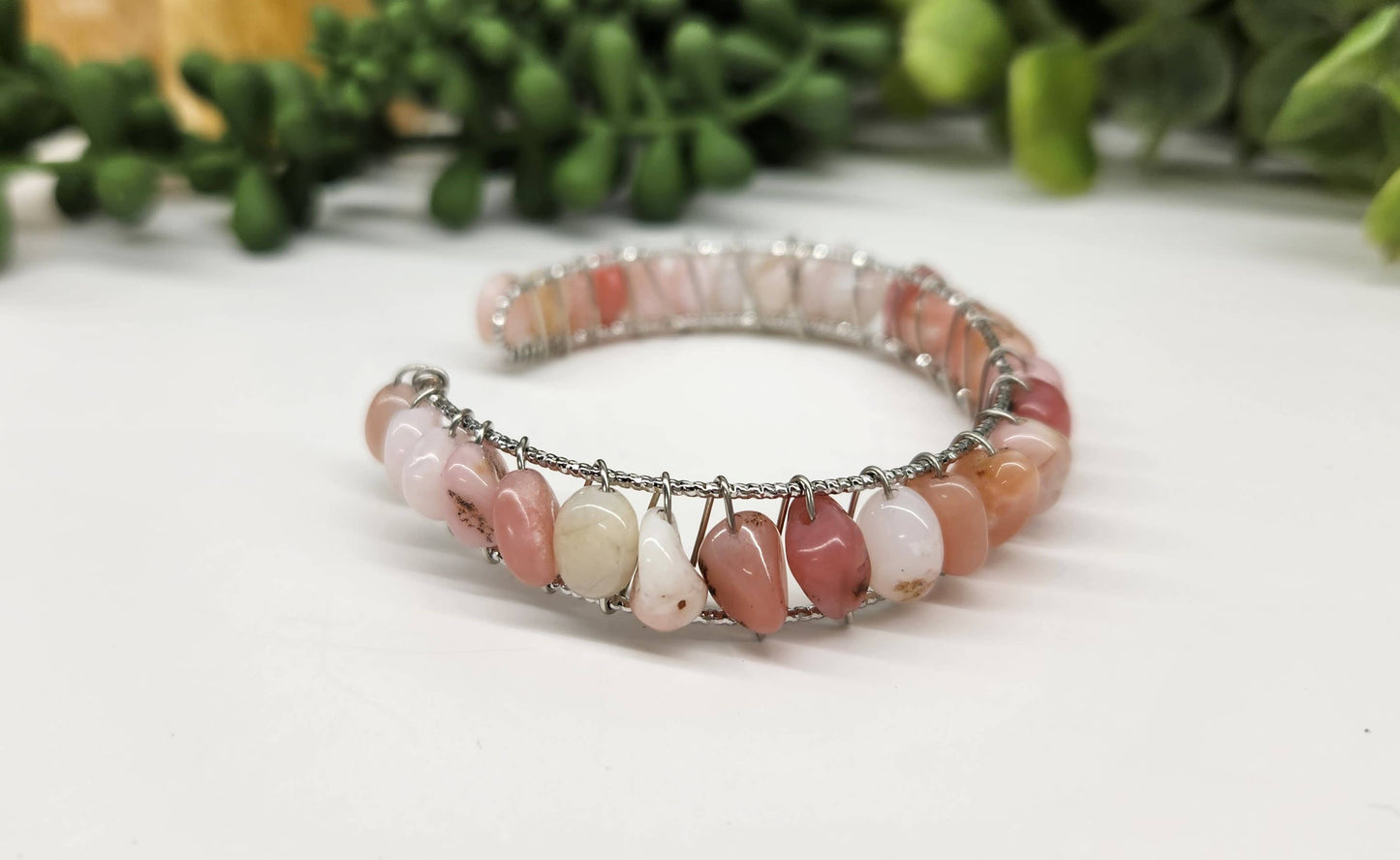 Pink Opal Bangle/Cuff/Wire Wrapped-18kt. Gold Overlay
