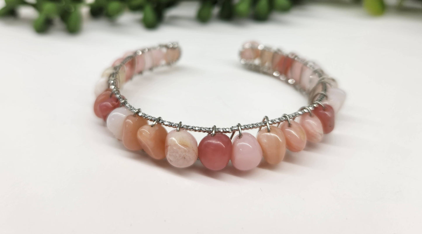 Pink Opal Bangle/Cuff/Wire Wrapped-18kt. Gold Overlay