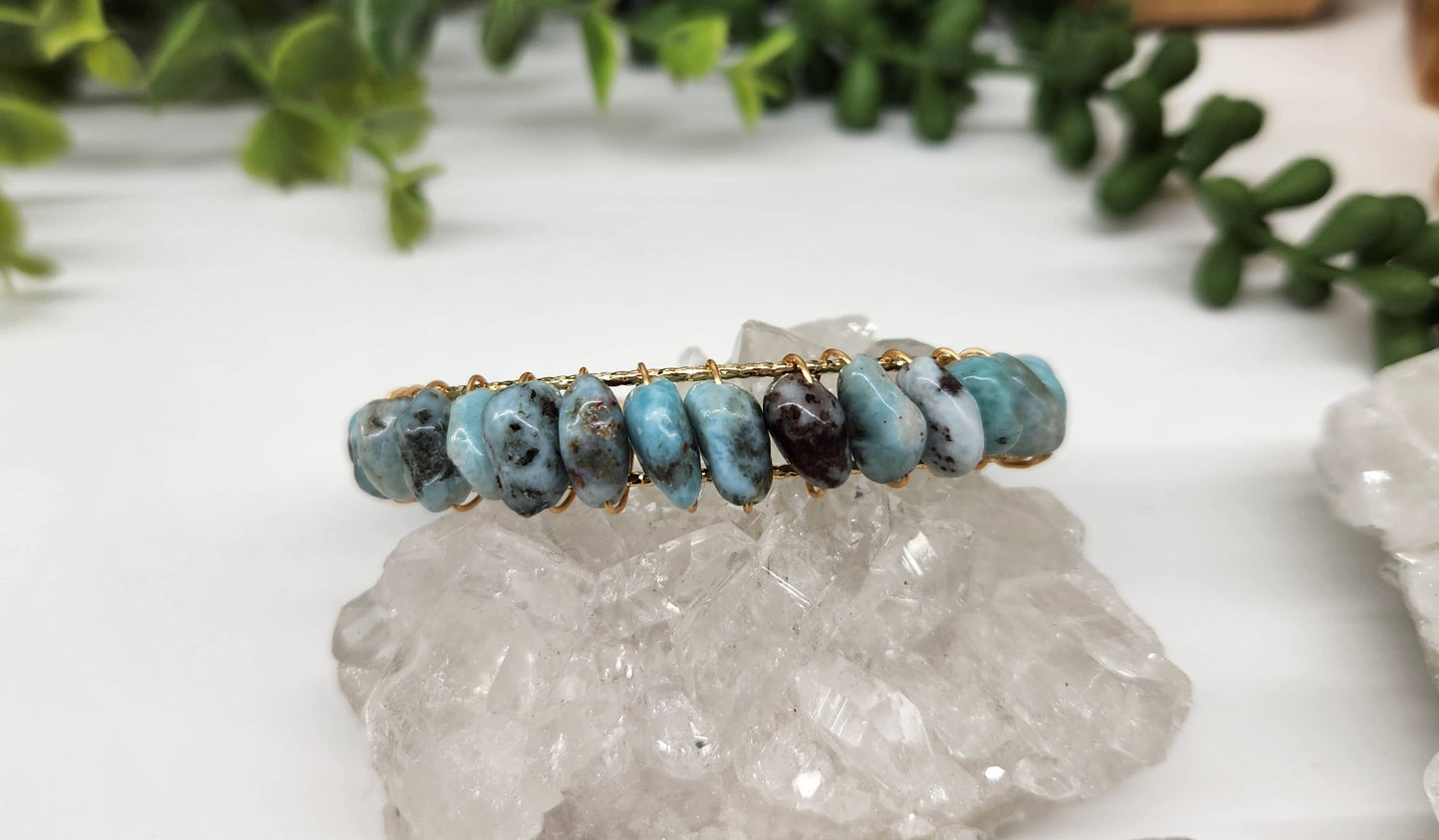 Larimar Bangle/Cuff/Wire Wrapped Bracelet -18kt.Gold Overlay