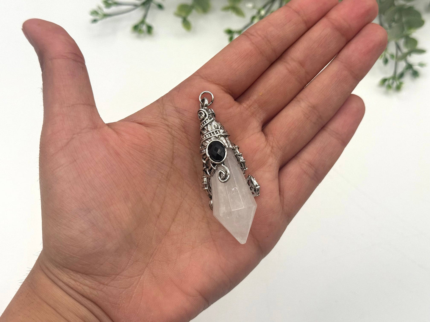 Crystal Quartz 12 Faceted Antique Silver Detailing Pendulum