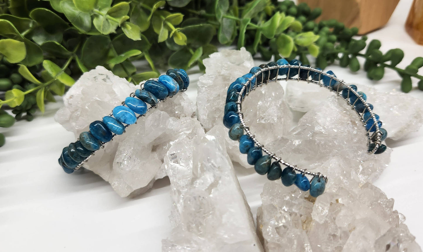 Blue Apatite Bangle/Cuff Wire Wrapped-18kt. Gold Overlay