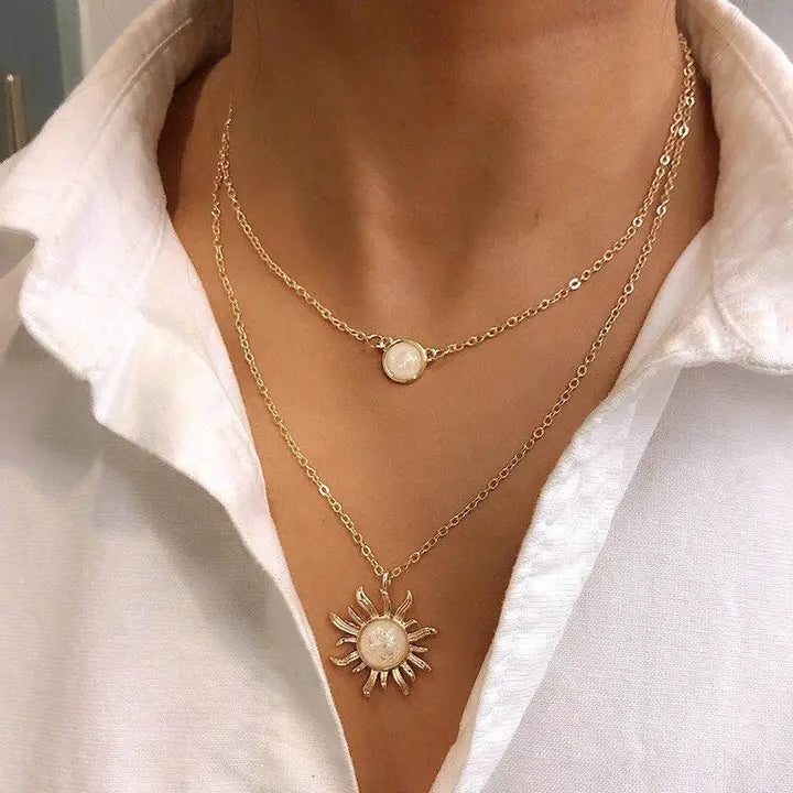 Gold Opal Sun Moon Layered Necklace Set in Solid Copper
